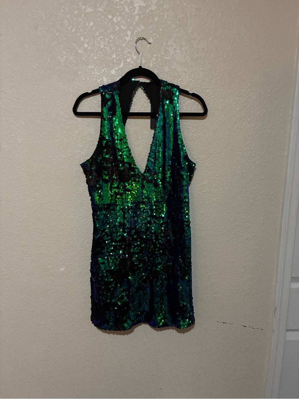 Fashion Nova Green and Blue Sequin V-Neck Mini Dress